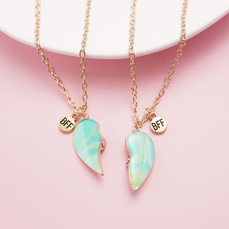 Best Friends Heart Magnetic Necklaces Set for Girls - Gold Tone Alloy Pendant