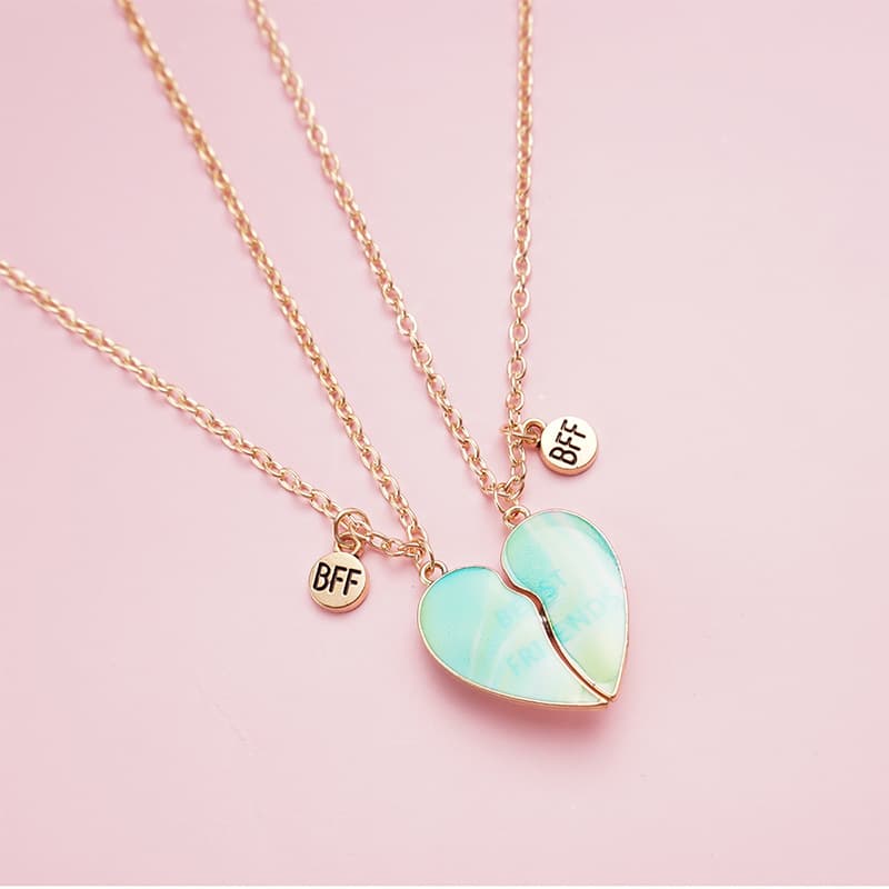 Best Friends Heart Magnetic Necklaces Set for Girls - Gold Tone Alloy Pendant