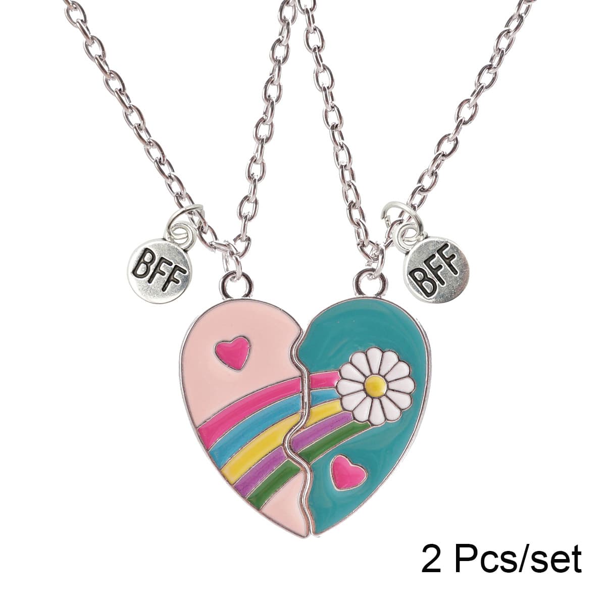 Matching BFF Heart Necklace Set - Rainbow & Daisy Friendship Jewelry