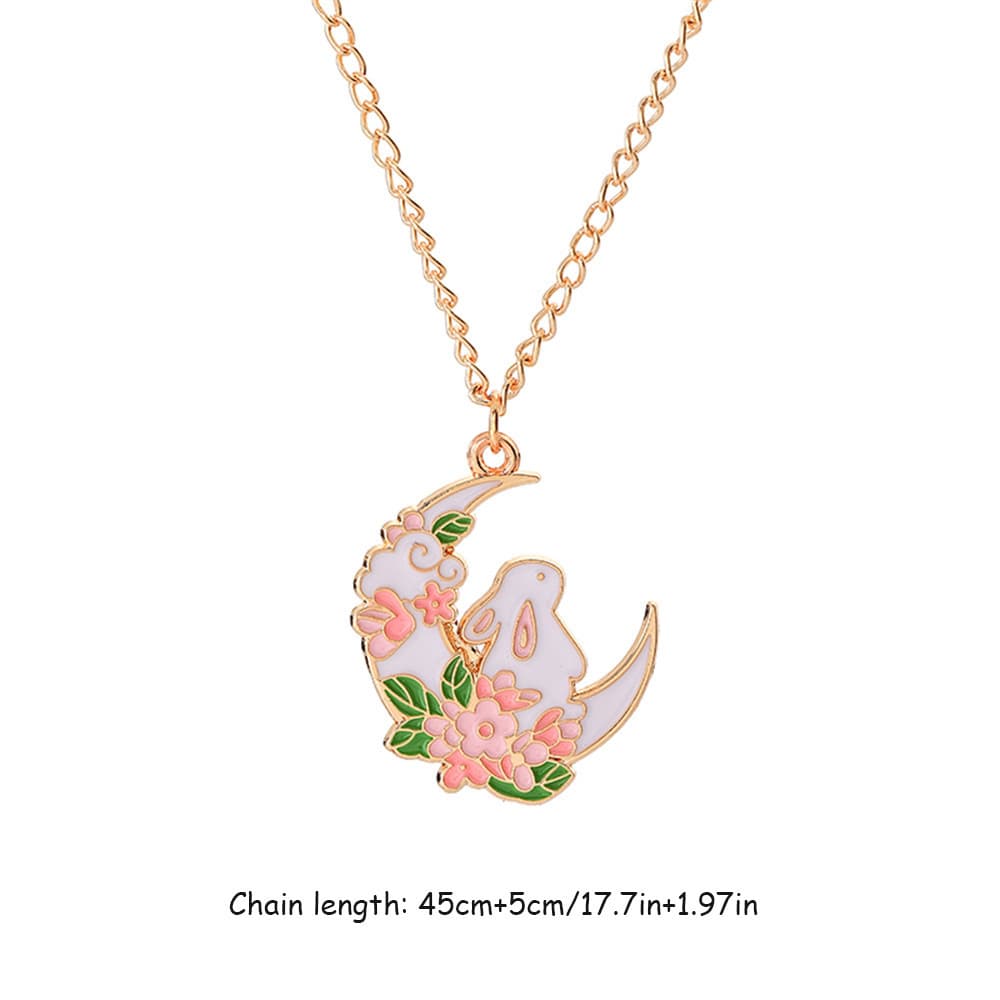 Adorable Rabbit Moon Pendant Necklace with Cherry Blossoms, Alloy Enamel Jewelry for Girls