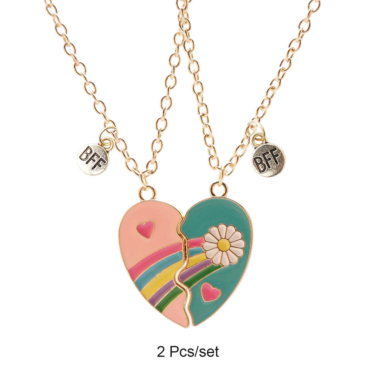 Matching BFF Heart Necklace Set - Rainbow & Daisy Friendship Jewelry