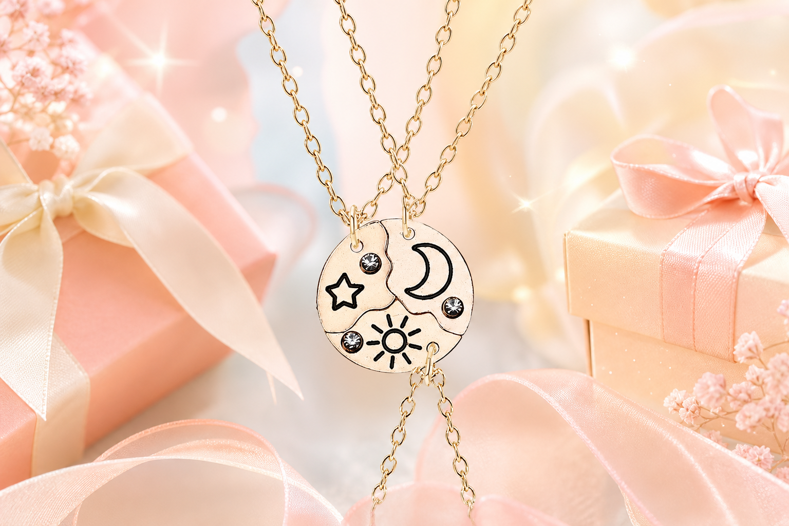 Puzzle Necklace for 3 Friends: Sun Moon Star Gift Guide