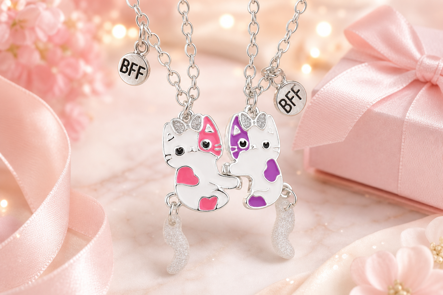 Cute Kitty Long Distance Friendship Necklace for Besties
