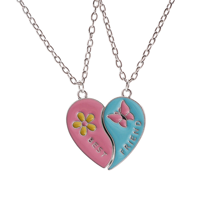 Best Friend Heart Necklace Set - Colorful Butterfly & Flower Enamel Pendant for Girls