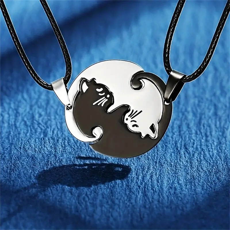 Cute Cat Heart Puzzle Necklace Set for Couples - Stainless Steel Engraving Love Gift