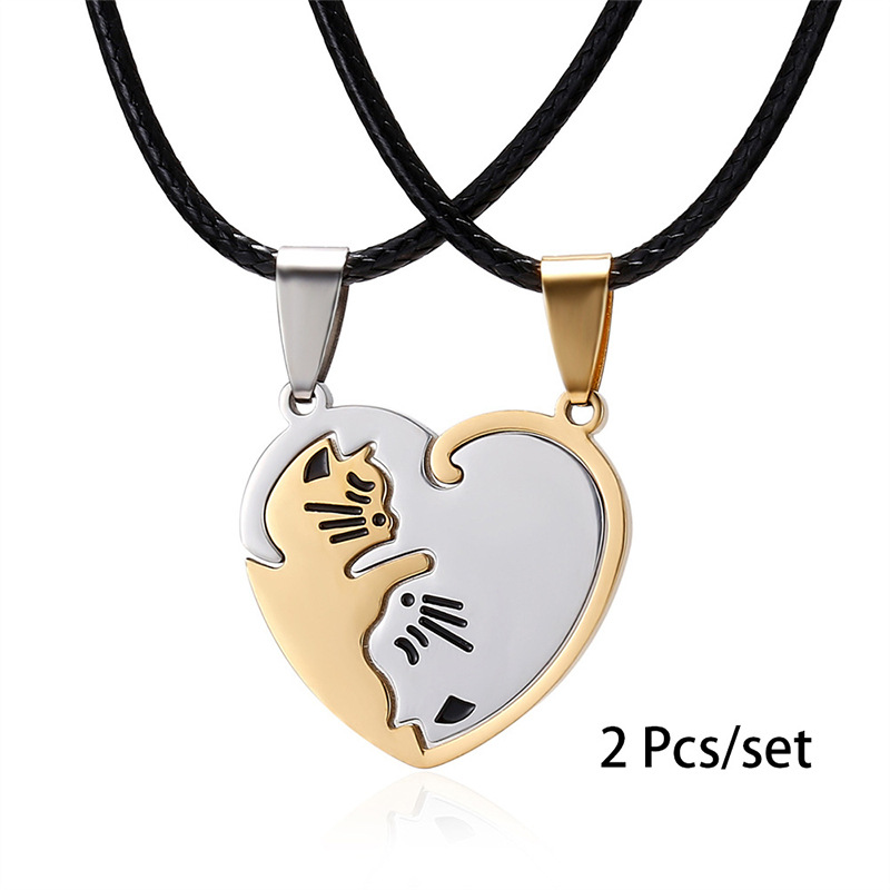 Cute Cat Heart Puzzle Necklace Set for Couples - Stainless Steel Engraving Love Gift