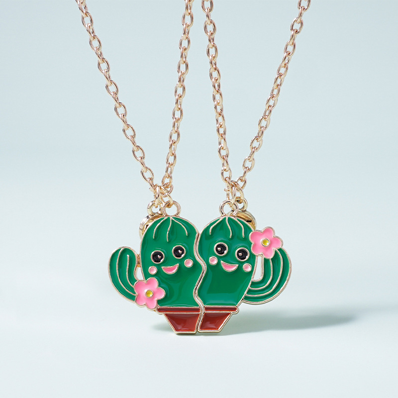 Cactus Best Friend Necklaces - Cute Enamel Pendant Set for Girls & BFFs